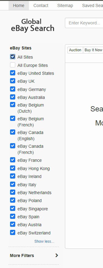 screenshot showing all ebay sites on globalesearch.com